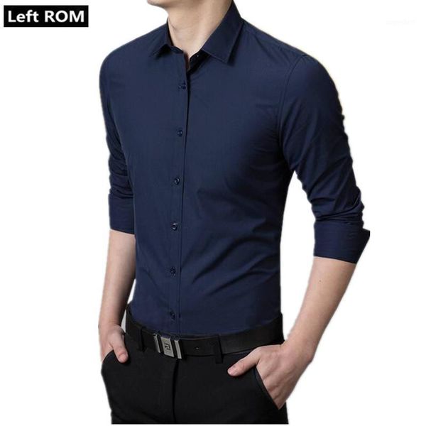 

left rom 2020 mens fashion boutique cotton pure color groom wedding dress slim long-sleeved shirts / male formal business shirts1, White;black
