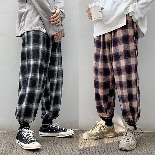 

men's plaid casual harem pants korean man 2020 loose ankle-length trousers harajuku streetwear new male clothing q1107011, Black