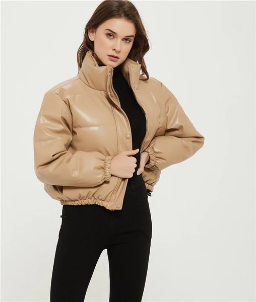 

women 2020 fashion faux leather padded jacket thick warm coat vintage long sleeve female outerwear chic, Black