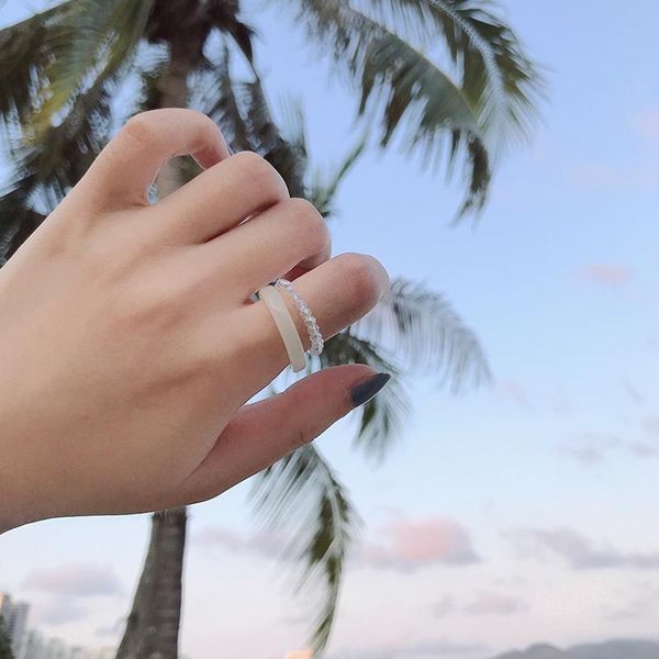 

aomu 2020 винтаж универсальный установленный корея весна красочные кристаллические бусы кольца смолы для женщин партия ювелирные изделия под, Silver