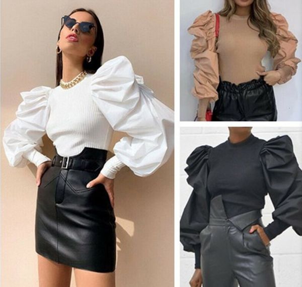 

causal patchwork knitting ruched women's o neck lantern long sleeve sweater for female fashion clothes new, White;black