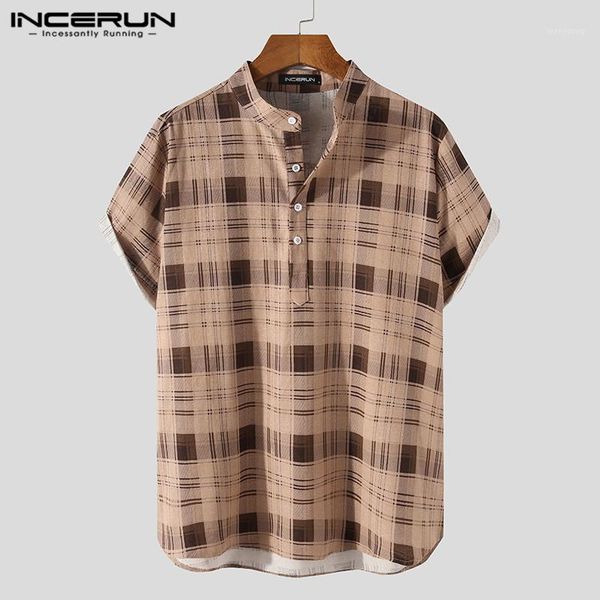 

vintage short sleeve stand collar men shirts incerun casual plaid button blouse summer man grid loose cotton blusa masculina 3xl1, White;black