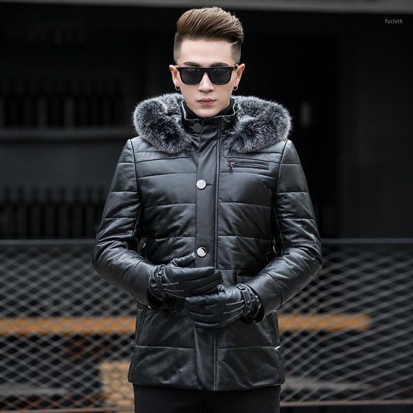 

jacket genuine leather winter fur collar real sheepskin coat for men warm down jackets manteau homme hiver my29591, Black