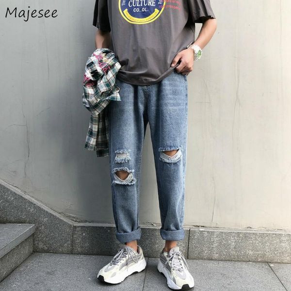 

men's jeans men loose straight pants high waist button teens casual elastic ankle length denim trousers harajuku frayed holes vintage1, Blue