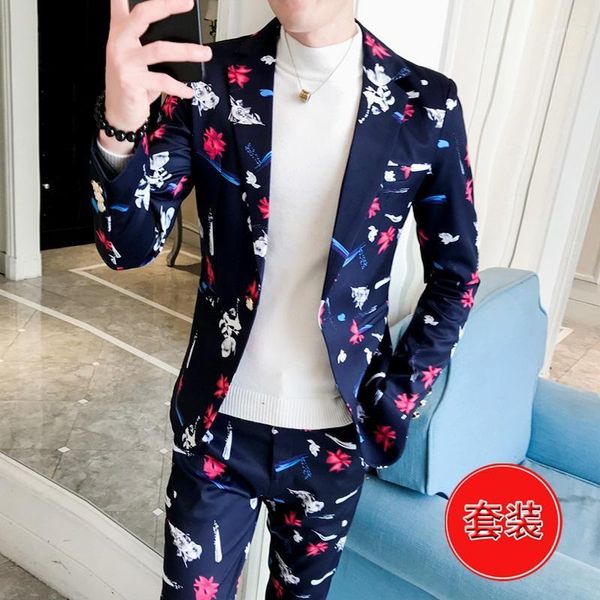 

autumn 2020 men's printed suit youth handsome slim casual flower suit1, White;black