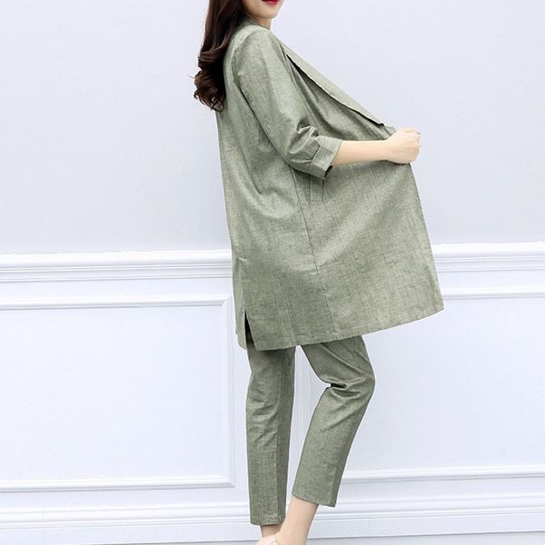 

women casual cotton linen blazer two piece set elegant ladies office work conjunto feminino elastic waist pants long jacket suit q1215, White