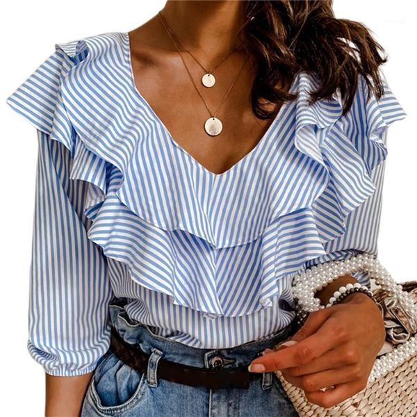 

blouse shirts office lady new spring autumn striped print long sleeve ruffle women blouses v-neck long sleeve pullover 1, White