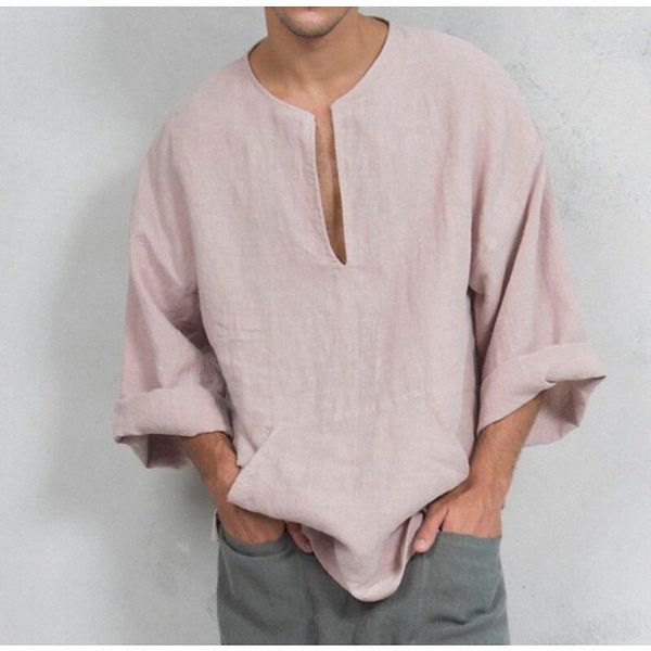 

men's shirt solid color v neck street casual button-down long sleeve casual fashion comfortable white pink navy blue / spring / summer, White;black