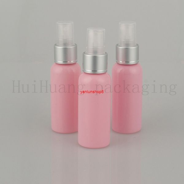 50 Stück 50 ml leere Nebel-Silberhalsband-Spray-Plastikflasche, rosa Kosmetik-Sprüh-Pumpflasche, Behälter in Reisegröße, gute Verpackung