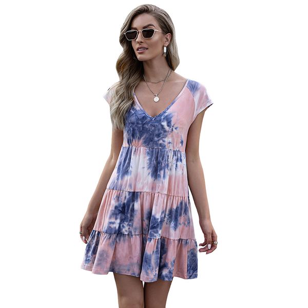 

new arrival spring summer selling short sleeve polyester tie dyed print dress v-shape neck fashion ladies dress, Black;gray