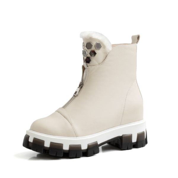

russian winter women's ankle leather with skin + wool lining indoor boots snowshoes rivet bpg4, Black