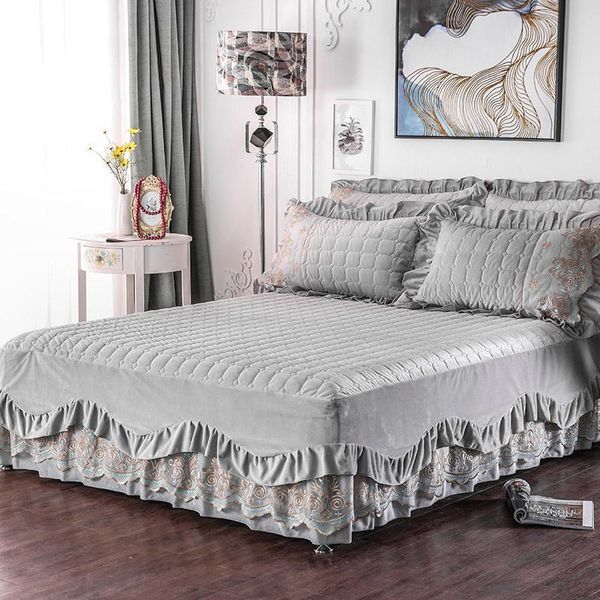 

princess plush warm ruffled lace bed skirt quilted flannel fleece bedspread pillowcase 3pcs queen king size bedding set