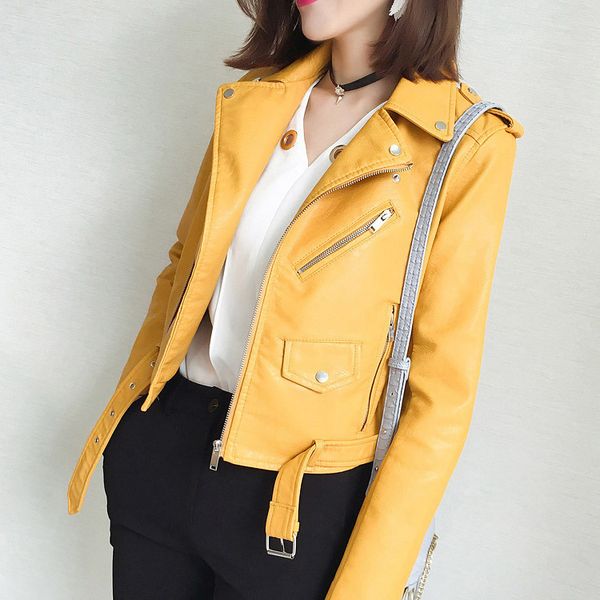 

2021 new women spring autumn faux soft leather long sleeve pink biker coat red jacket yim3, Black