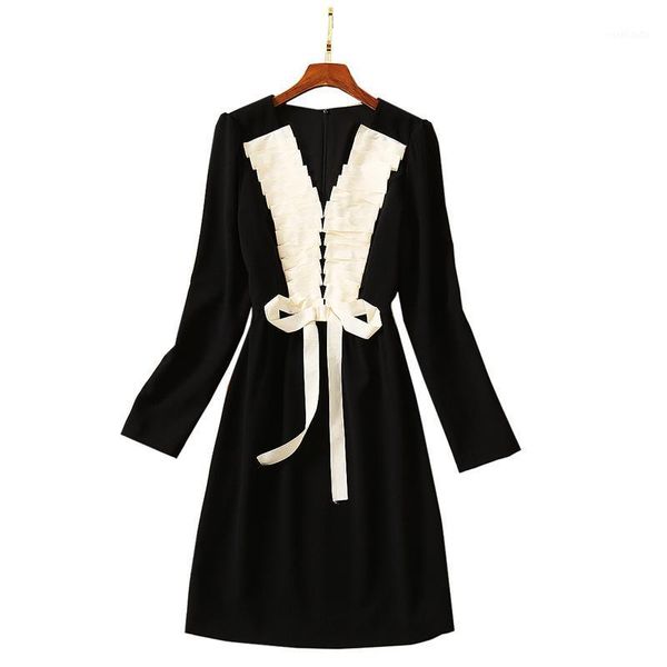 

accordion pleats white bib knotted bow black elegant dress v-neck long sleeve women sheath dress1, Black;gray