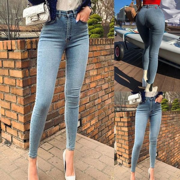 

vintage button women denim jeans high waist stretch pants capris streetwear female skinny jeans pencil pants 2020 autumn1, Blue