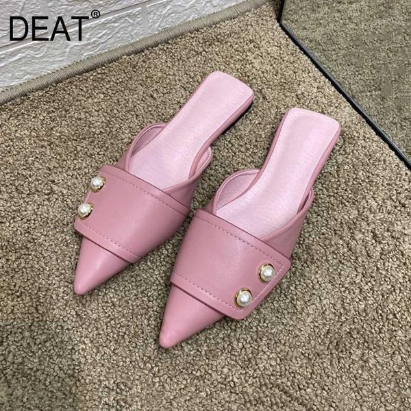 

slippers [deat] 2021 spring summer pointed toe shallow pearls pu leather spliced flat outdoor women shoes fashion 10h6451, Black