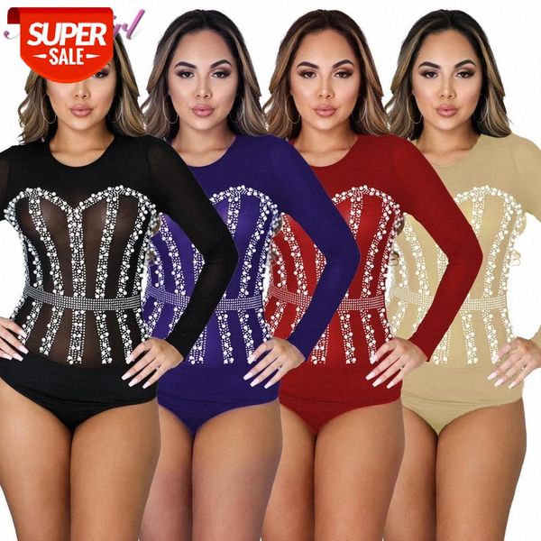 

sheer mesh patchwork pearl diamonds bodysuit women long sleeve see through party club jumpsuit outfit rompers lady body #bj0f, Black;white