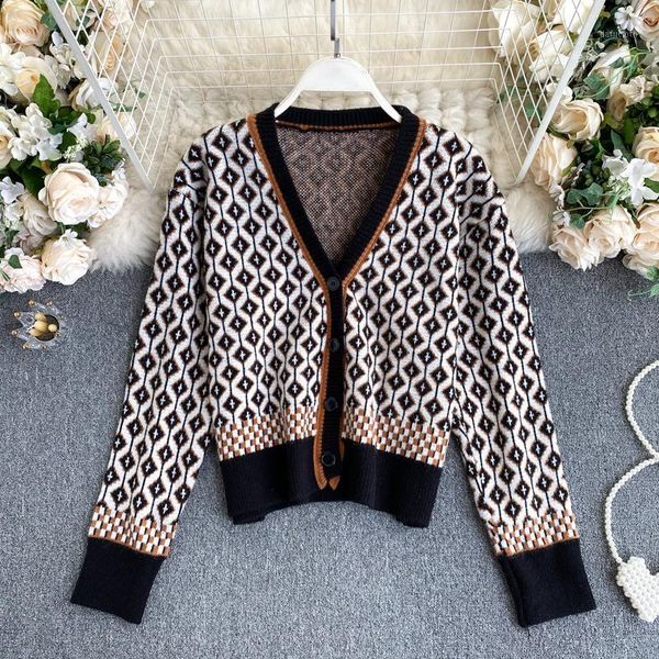 

women sweater cardigan fashion autumn winter geometric pattern long sleeve single breasted casual loose knit outerwear jacket1, White