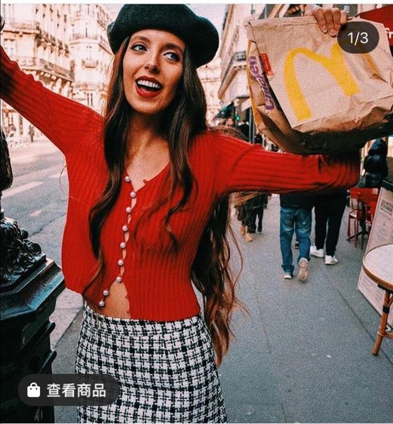 

woman long sleeve v neck pearl cropped sweater red blue black white