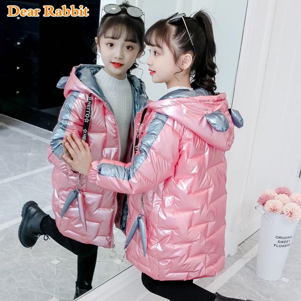

2020 new fashion children winter clothing girl clothes warm hooded long down cotton glossy jacket coats for kids outerwear parka lj201125, Blue;gray