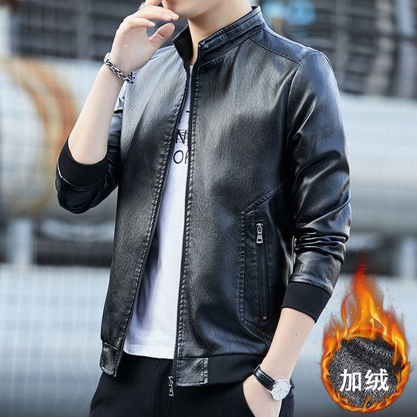 

autumn and winter 2020 plush pu garment casual coat wear collar fashion men's leather jacket, Black;brown