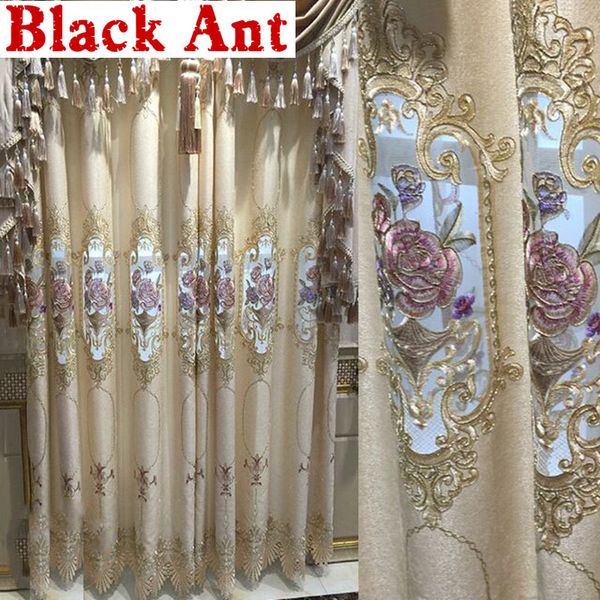 

europe luxury noble villa bedroom curtain gold blue blackout chenille fabric window drapes tulle for living room cortina #4 lj201224