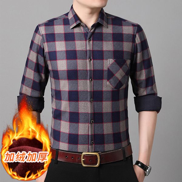 

2020 men's warm long sleeve middle aged dad plush plaid no iron shirt, White;black