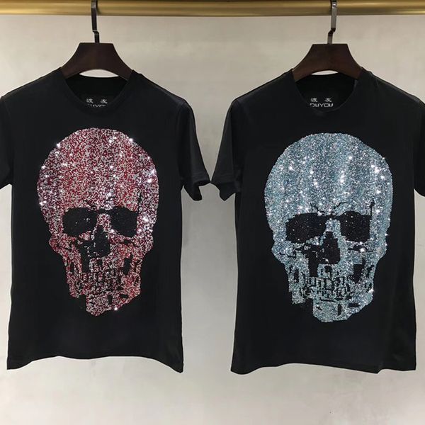 

mens designer shirt short sleeves tshirt men cotton tees summer crystal big skull printed shirts new clothing o5x1, White;black