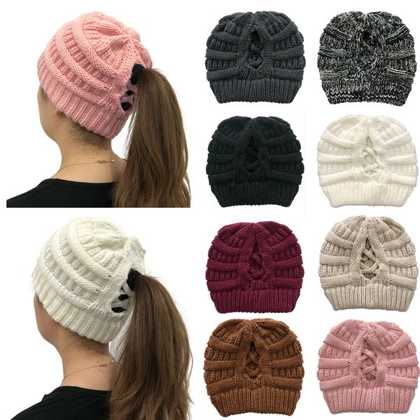 

женщина beanie ponytail hats lady хвост грязный мягкий шерстяной кросс крик вязаная крышка зимний теплый череп растягивающие шляпы моря dda5, Yellow