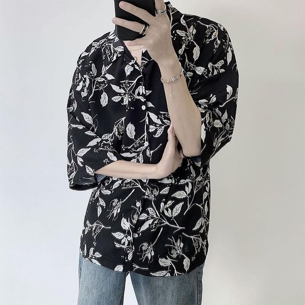 

men's casual shirts 2021 summer flower printed hawaiian shirt camisa masculina mens clothes short sleeves fashion french cuff -2xl, White;black