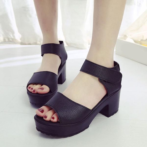 

summer women solid color fish mouth open toe sandals vintage anti-slip breathable pu leather casual female middle heel shoes, Black