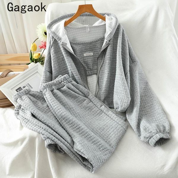 

women's tracksuits gagaok women suit moda 2021 casual sports spring autumn simple sets korean wild fashion solid jackets + camisole +pa, Gray