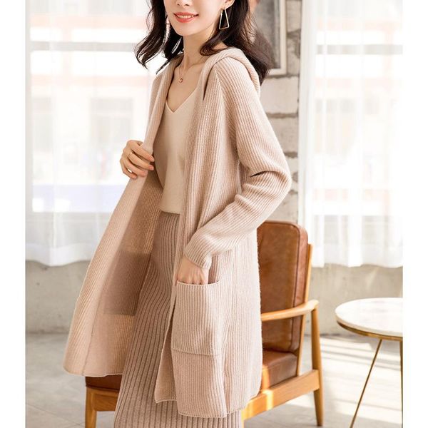 

women's knits & tees beige hooded cardigan cashmere sweaters long sleeve plus size loose female knitwear 2021 autumn winter, White