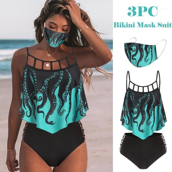 

bikini 2020 push-up padded three-piece set overlay flounce print bikini swimsuit bathing suit women swimwear women tankini#51