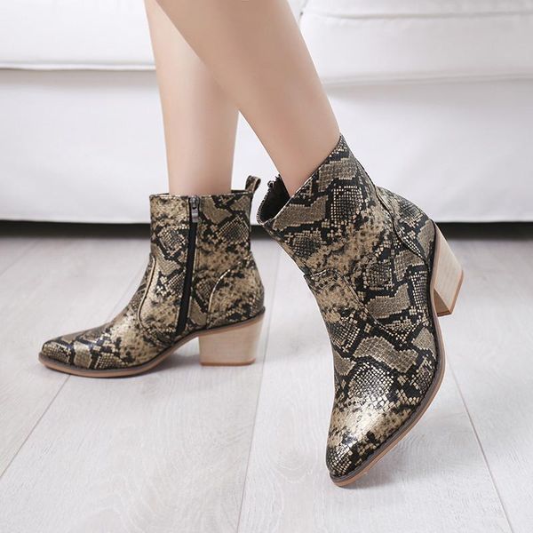 

women ankle boots thick heels pointed toe zipper fashion snakeskin casual shoes woman high heels women shoes 41,42,43, Black