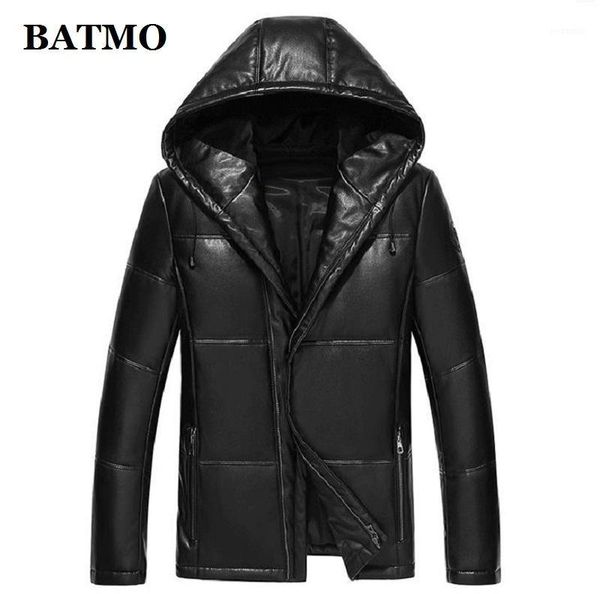 

batmo 2019 new arrival winter real leather&90% white duck down hooded jackets men,men's leather jackets,17201, Black