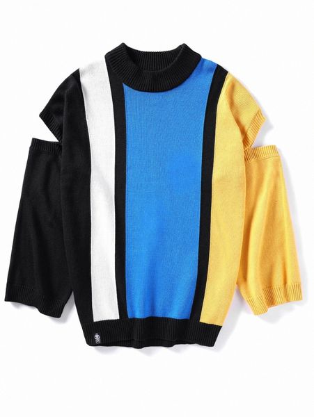 

men color block cut out drop shoulder sweater x5kn#, White;black