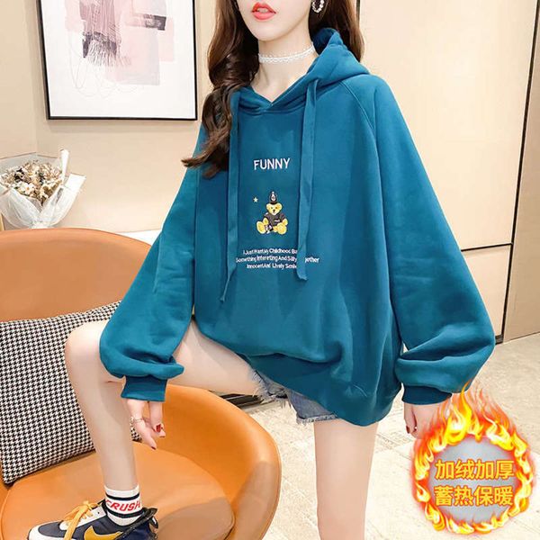 

thickened winter warm loose hooded plush sweater women's crew neck versatile korean printed pullover fashion, Black
