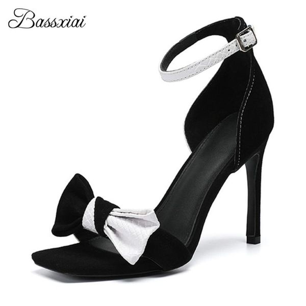 

leather suede patchwork butterfly-knot sandals women 10cm thin high heels square open toe ankle strap summer sandalias, Black