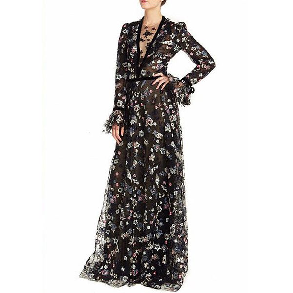 

xf senior runway fashion designer women lace v-neck speaker charming mangoes party gauze embroidery long 7n28, Black;gray