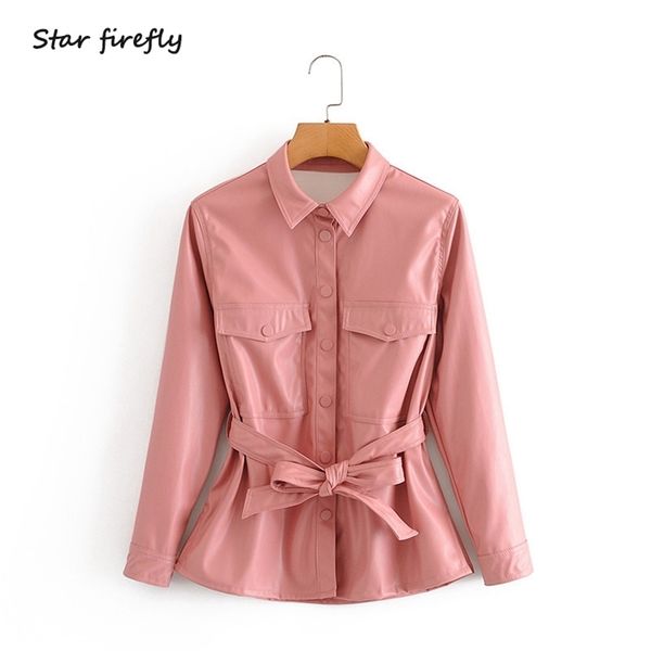 

star firefly fashion za jacket female summer casual slim lapel single-breasted solid with belt pocket faux leather jacket 201210, Black;brown