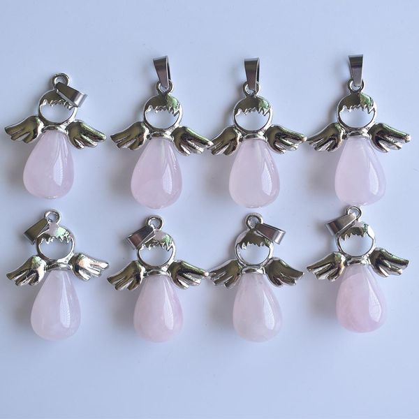 

wholesale 8 pieces/lot fashion water drop natural stone pink quartz necklace angel pendant female jewelry gift wmtjqv, Silver