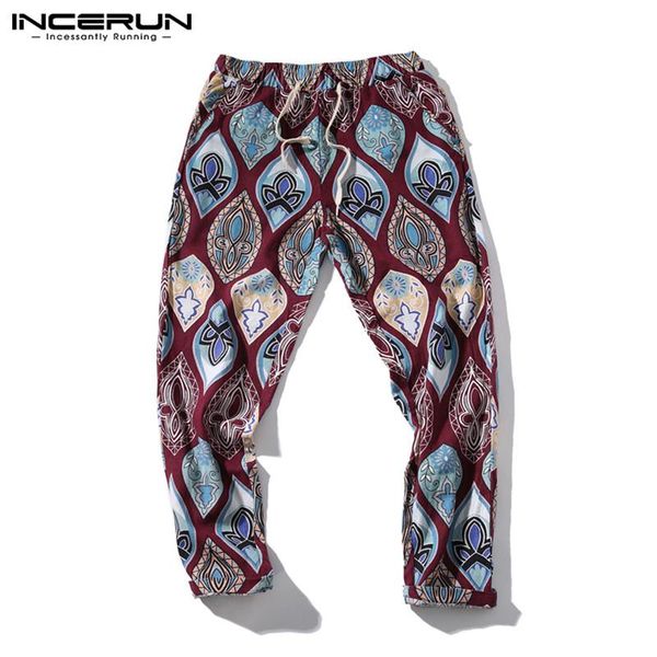

incerun casual pants men vintage printed trousers drawstring pockets joggers man ethnic style floral pants loose pantalones 5xl, Black