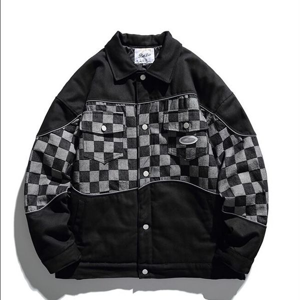

men's jackets outerwear coats checkerboard style denim patchwork cotton jacket two piece black gray fashion, Black;brown