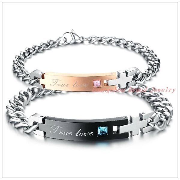 

fashion crystal stone womens mens jewelry stainless steel silver color cowboy chain link tone couple's bracelet bangle hot, Black