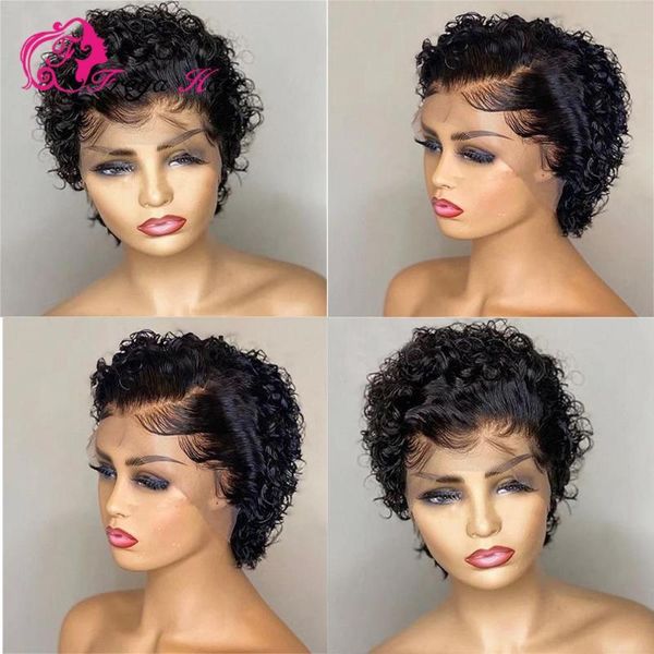 

lace wigs 130%/150% front human hair short pixie cut wig for women pre plucked curly brazilian, Black;brown