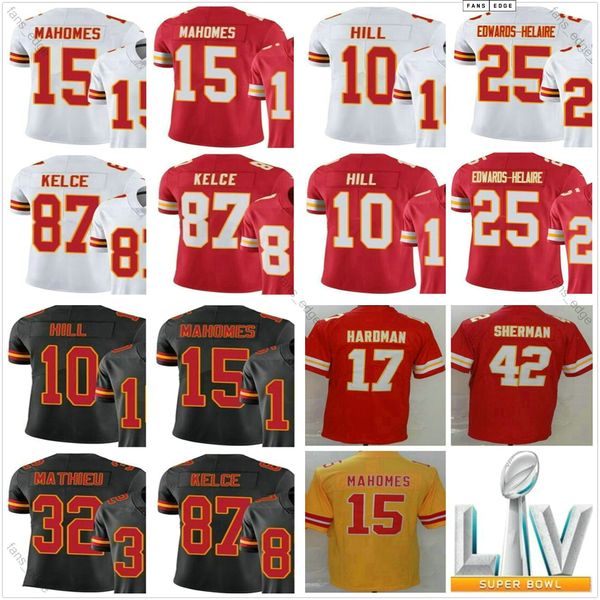 

2020 new superbowls liv #15 patrick mahomes 25 clyde edwards-helaire 87 travis kelce 10 tyreek hill 32 tyrann mathieu football jerseys, Black;red