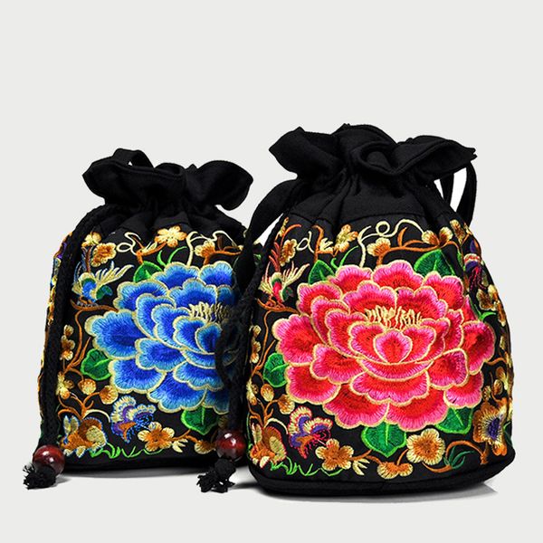 

2020 small drawstring bucket bags double face embroidery crossbody bag boho thai embroidered drawstring messenger shoulder bag