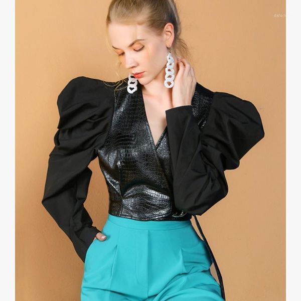 

fashion new style puff sleeve short waist retro v-neck stitching long sleeve leather jacket1, White