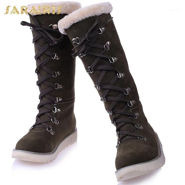 

boots sarairis 2021 brand low heel cross-tied big size 43 ladies snow short plush comfy flat mid calf women shoes1, Black